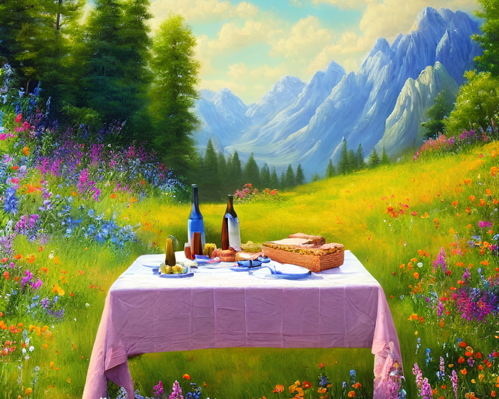 Scenic picnic setup in blooming meadow with food and wine, mountains in background