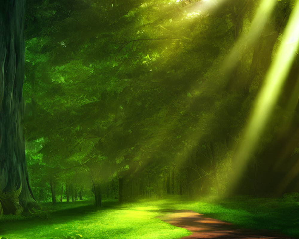 Sunlit forest with vivid green foliage and piercing ray of light