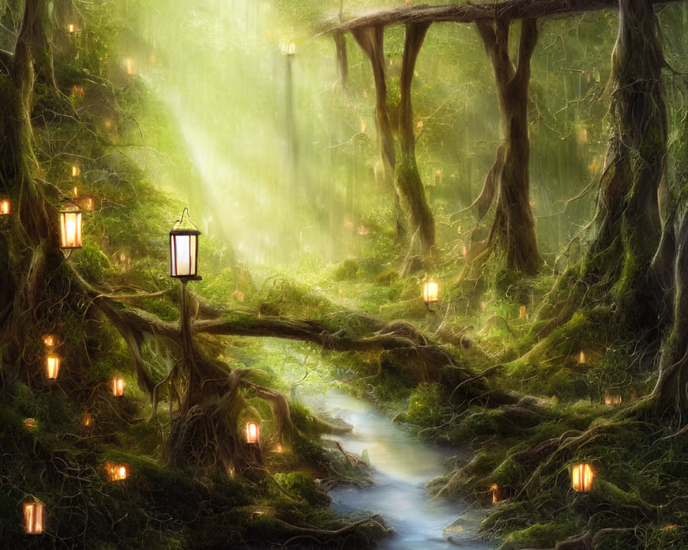 Mystical forest scene with stream, lanterns, and wooden bridge