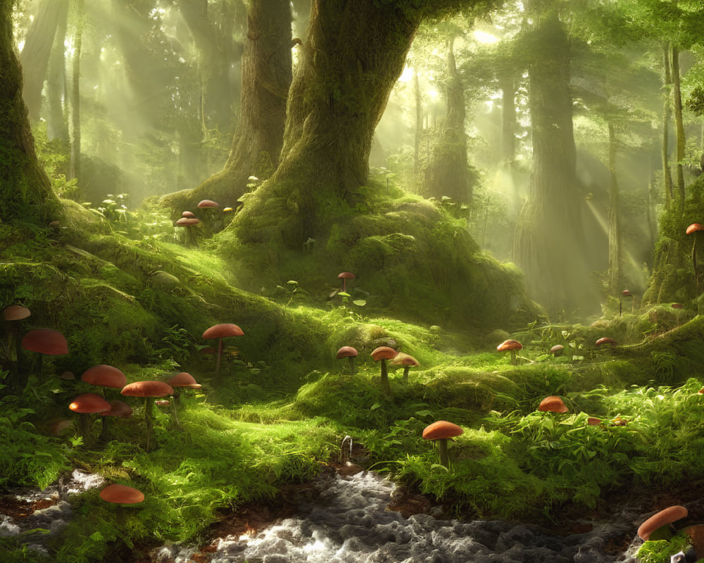 Serene forest scene with moss-covered trees, stream, and red-capped mushrooms