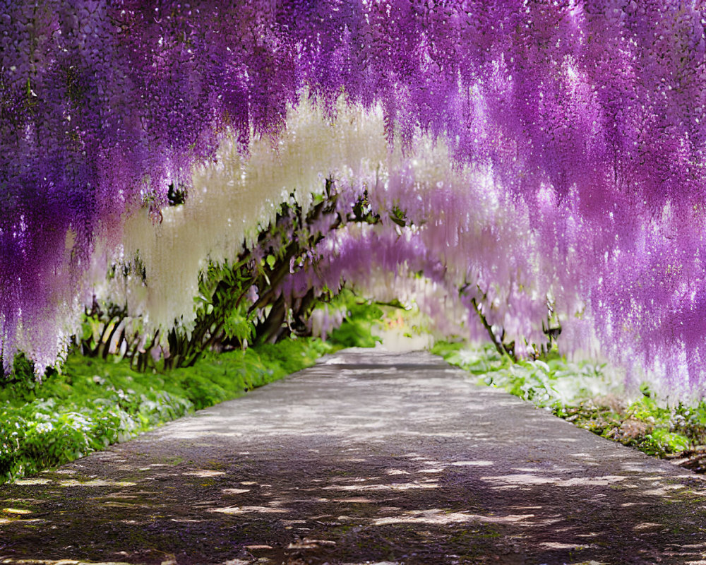 Vibrant wisteria flowers form picturesque garden path