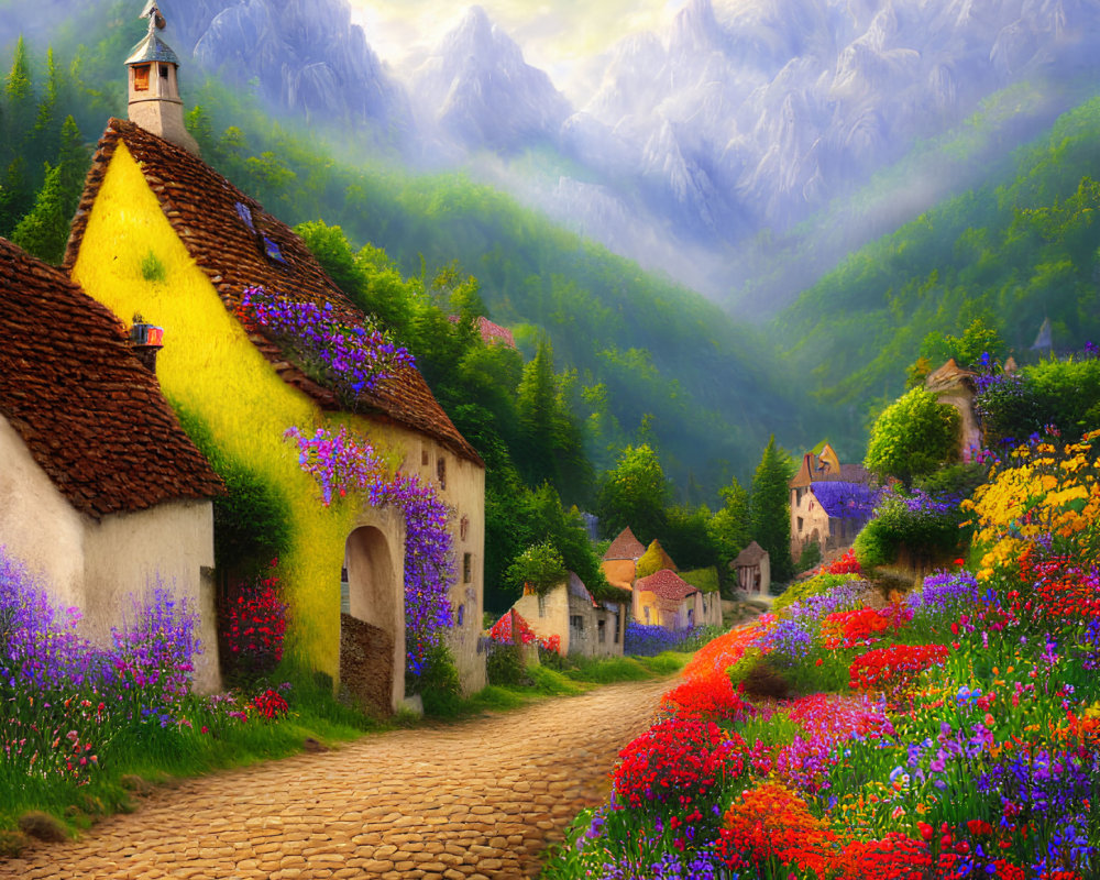 Scenic village with cobblestone streets and vibrant flowers nestled by majestic mountains