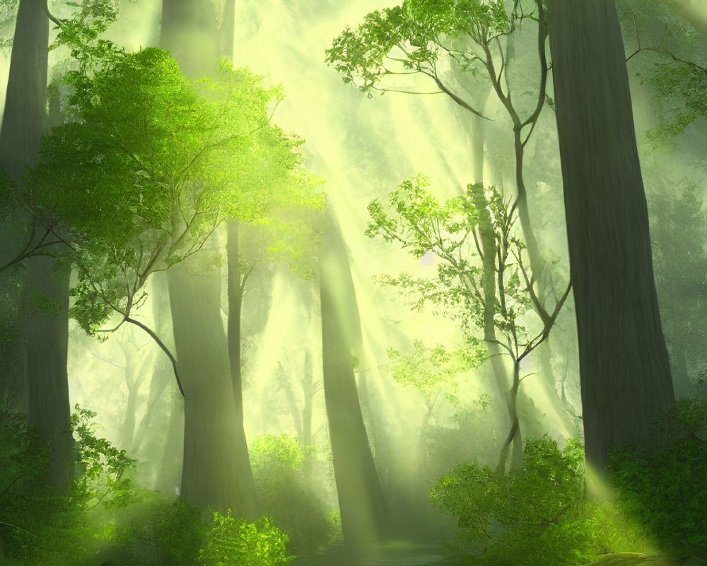 Tranquil Green Forest with Towering Trees and Sunlight Glow