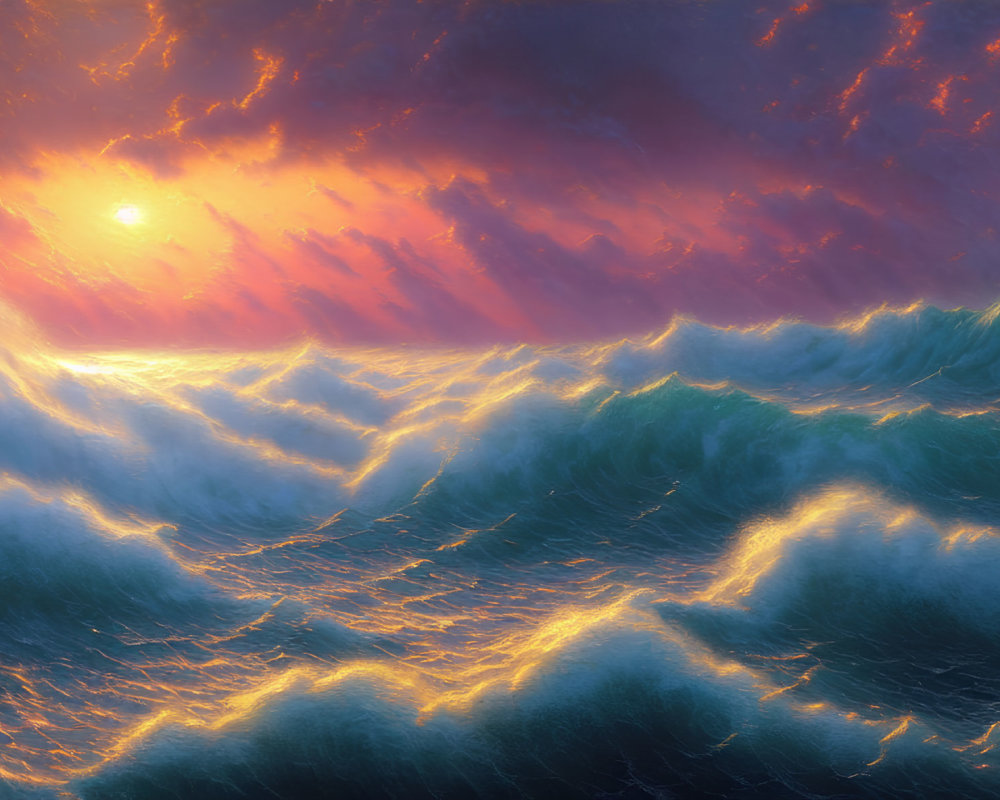 Vibrant sunset scene with orange clouds and towering waves.