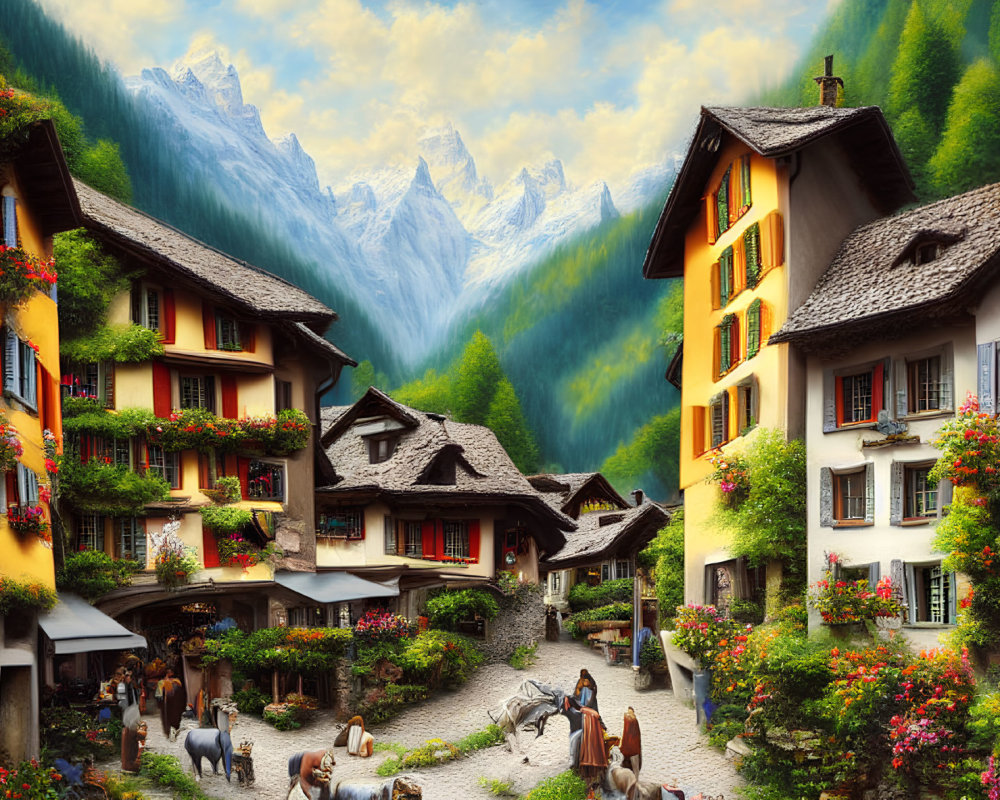 Picturesque European Village: Traditional Houses, Flower Adornments, Valley Setting