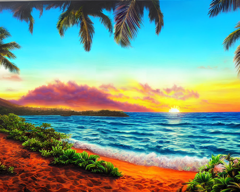 Vibrant beach scene at sunset with palm trees and blue waves