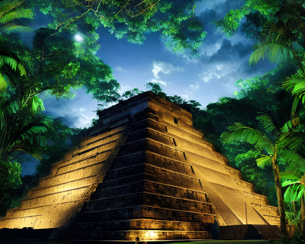 Ancient Pyramid Illuminated in Nighttime Setting