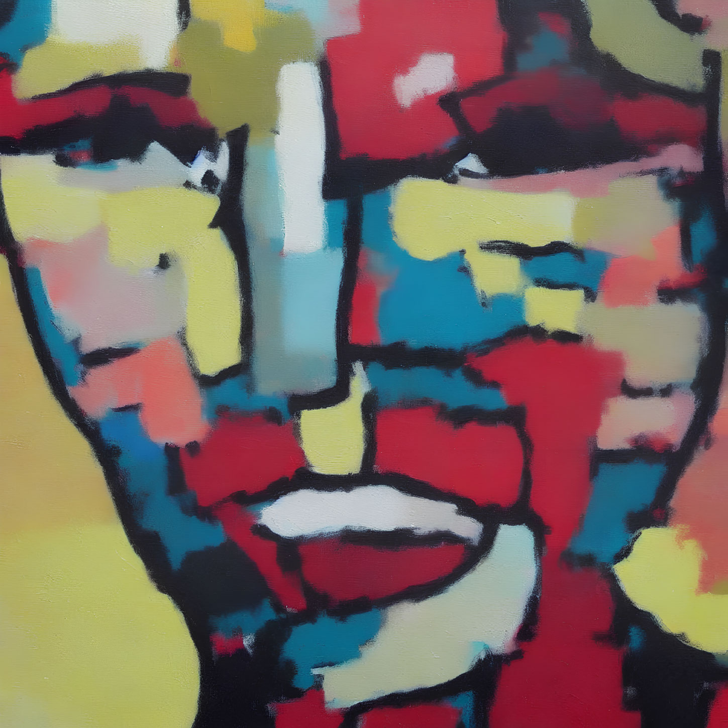 Vibrant abstract painting of a face with bold, colorful blocks.