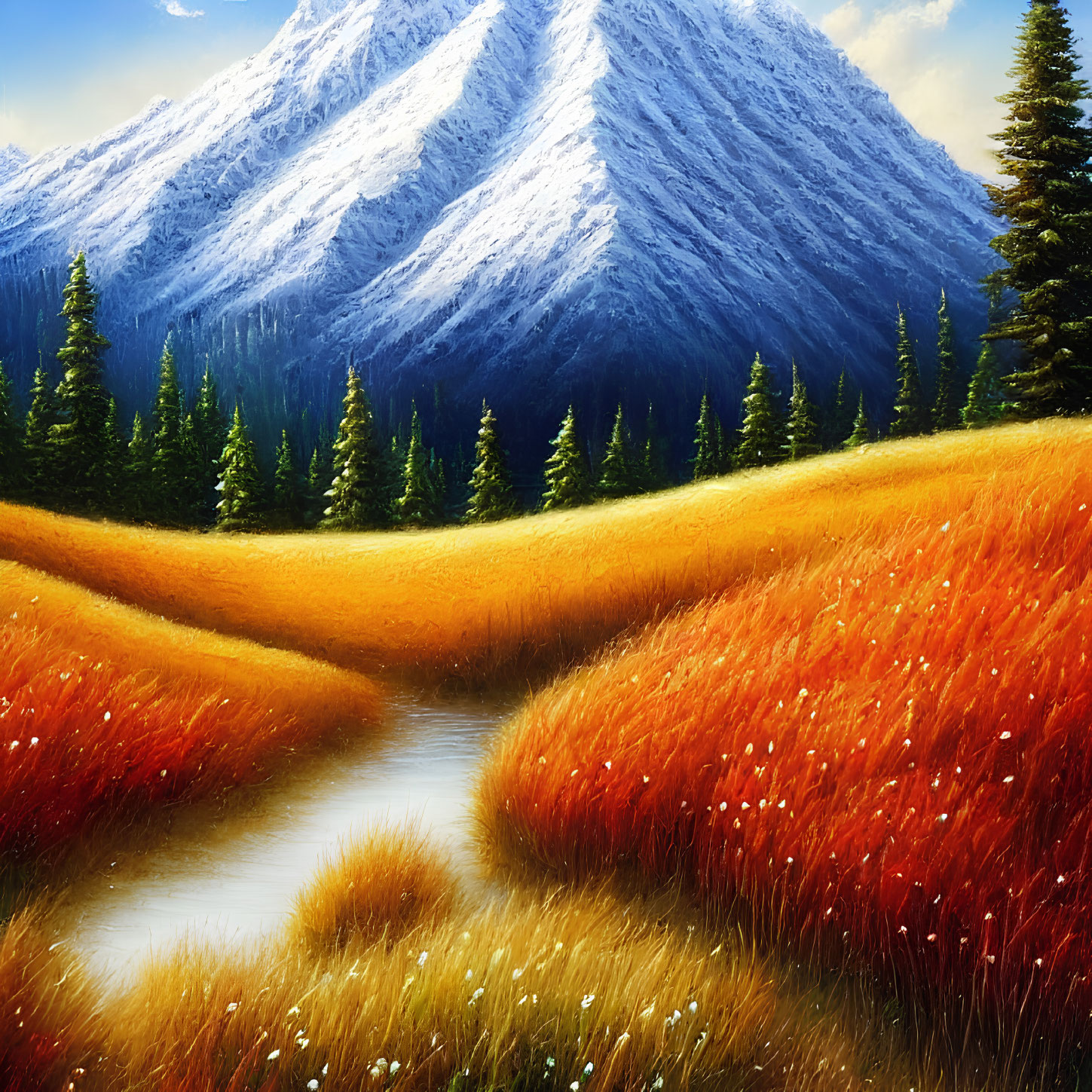 Scenic landscape painting: meandering stream, golden fields, evergreen trees, snow-capped mountain