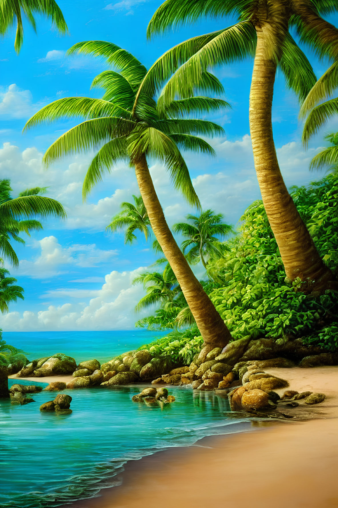 Scenic Tropical Beach with Palm Trees and Clear Blue Water