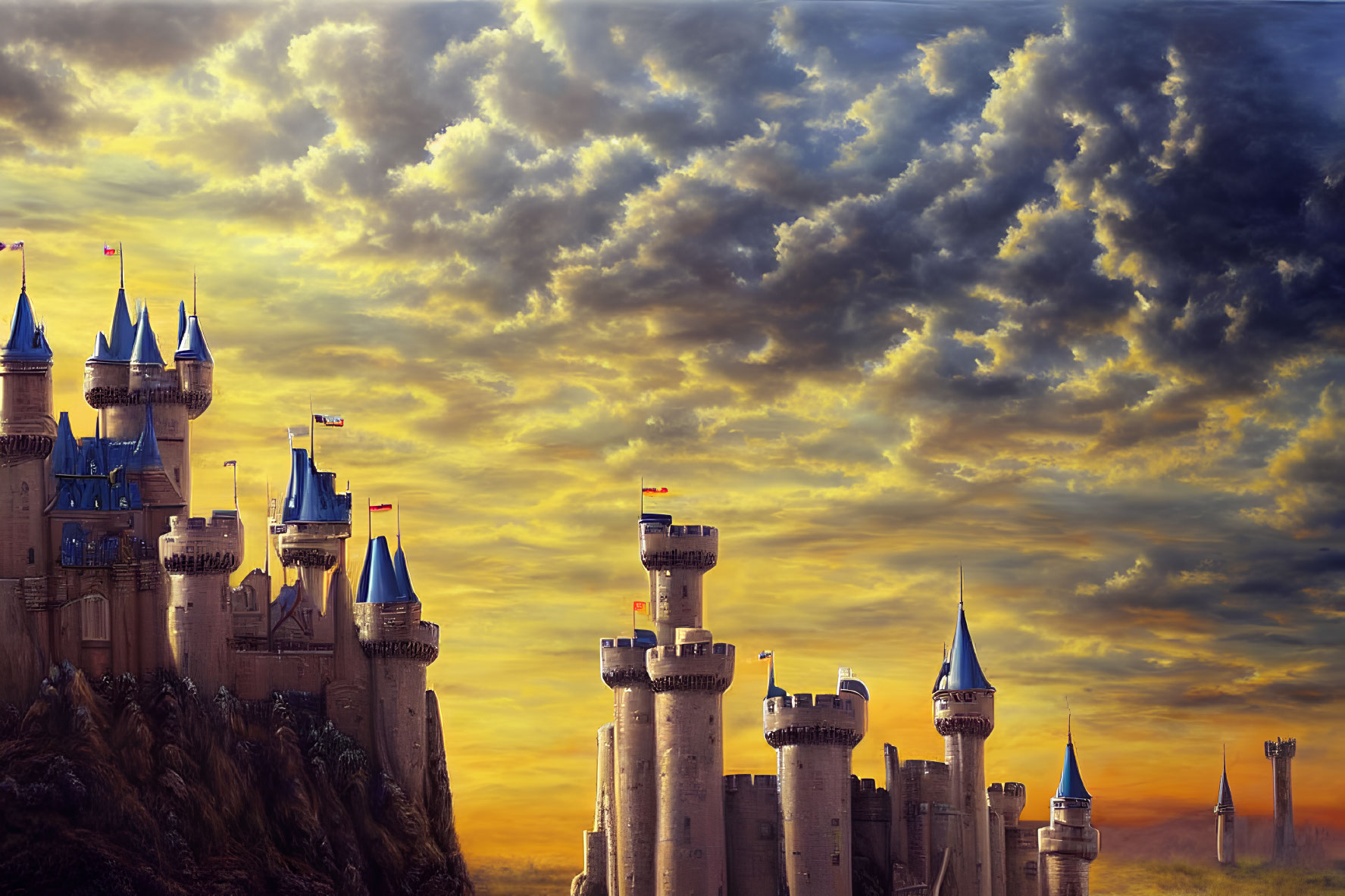 Majestic castle with multiple towers under golden sunset sky