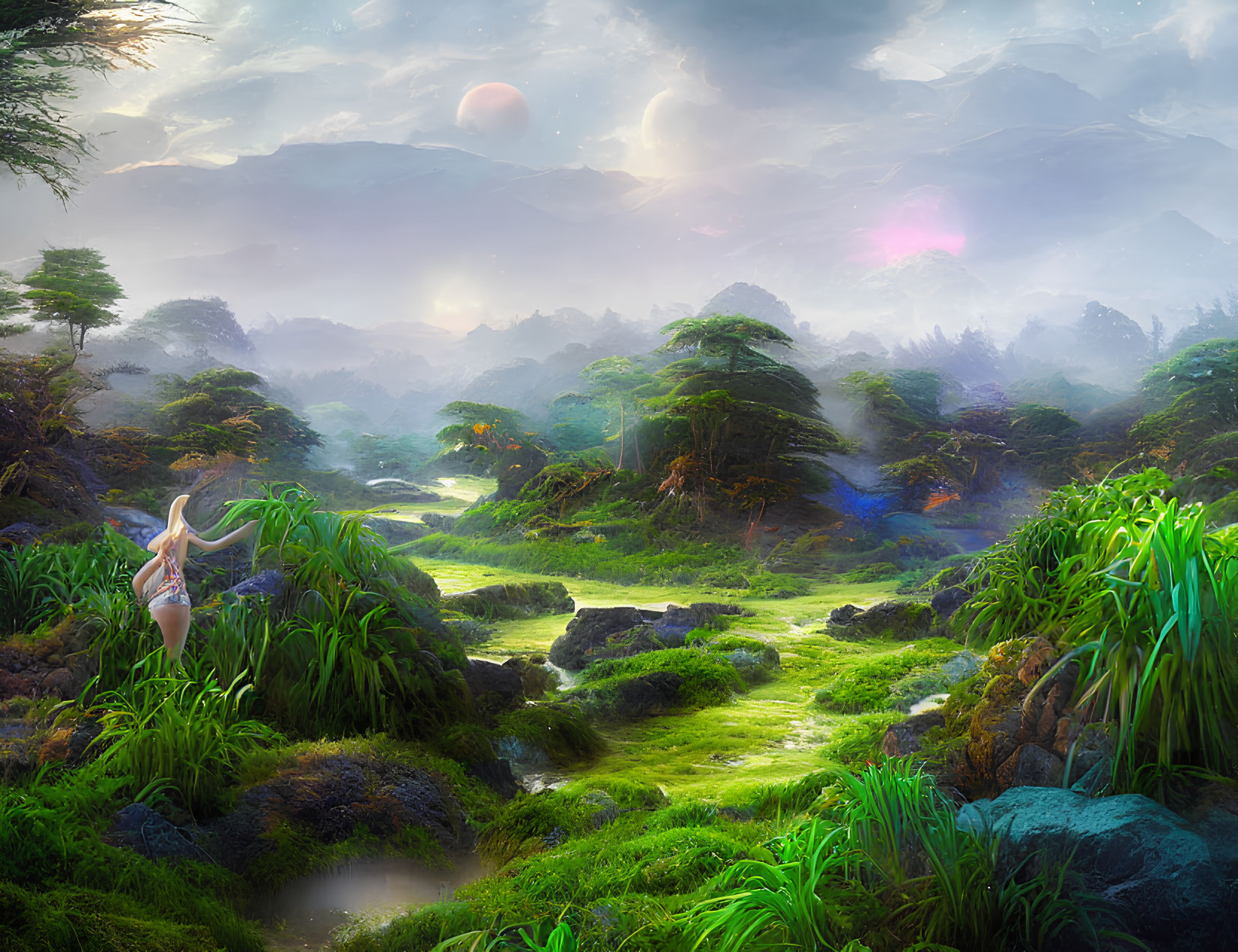 Vibrant greenery, meandering path, mystical orbs, and ethereal figure in lush landscape