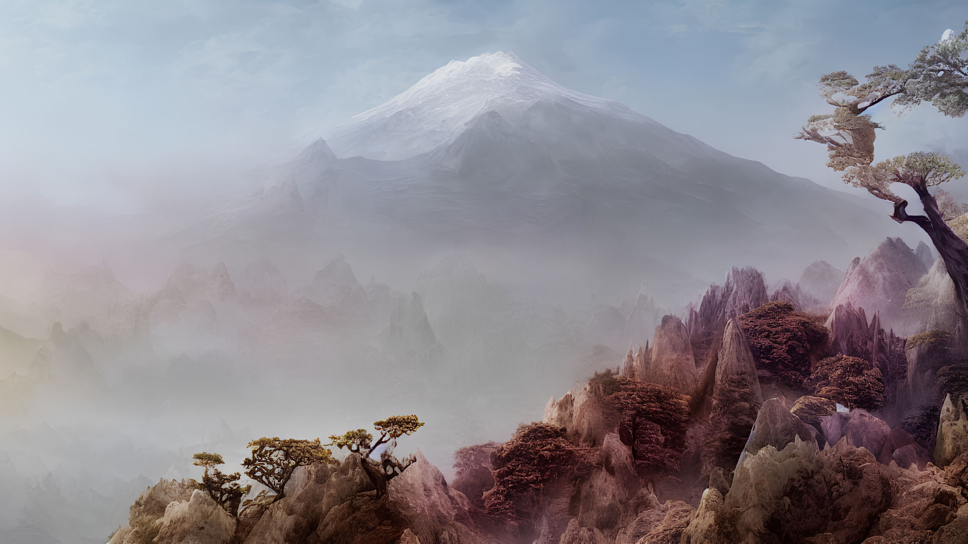 Snow-capped peak in misty mountainous landscape with rugged terrain and sparse trees.