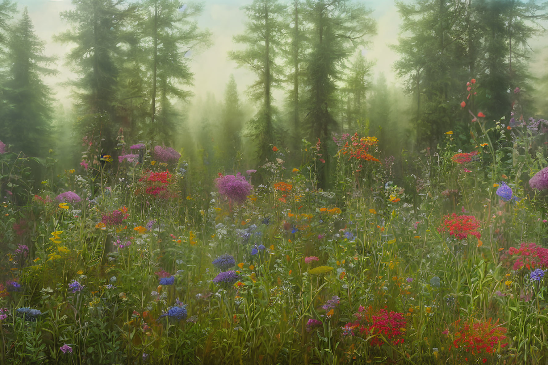 Misty meadow with vibrant wildflowers and evergreen trees in foggy backdrop