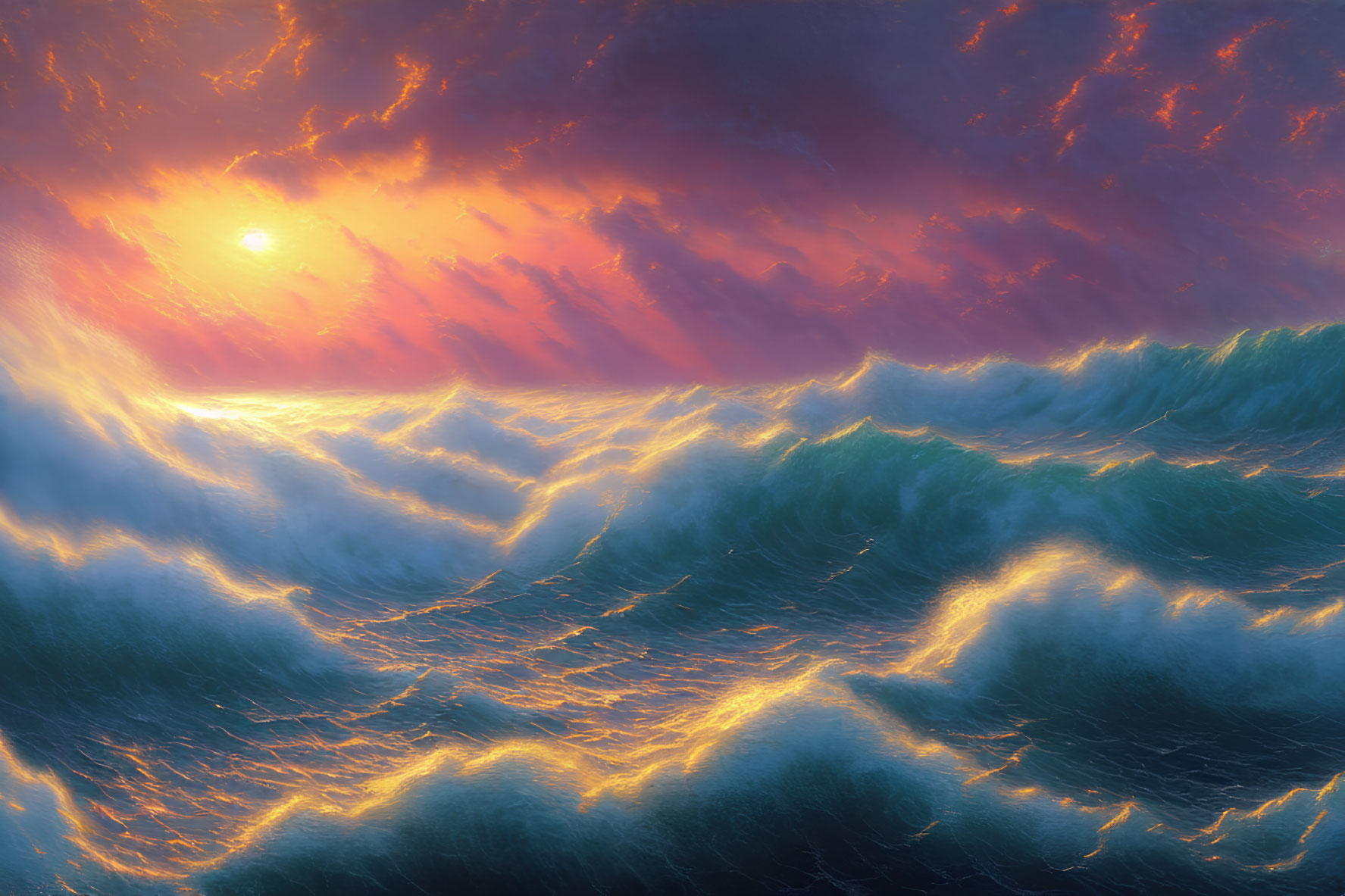 Vibrant sunset scene with orange clouds and towering waves.