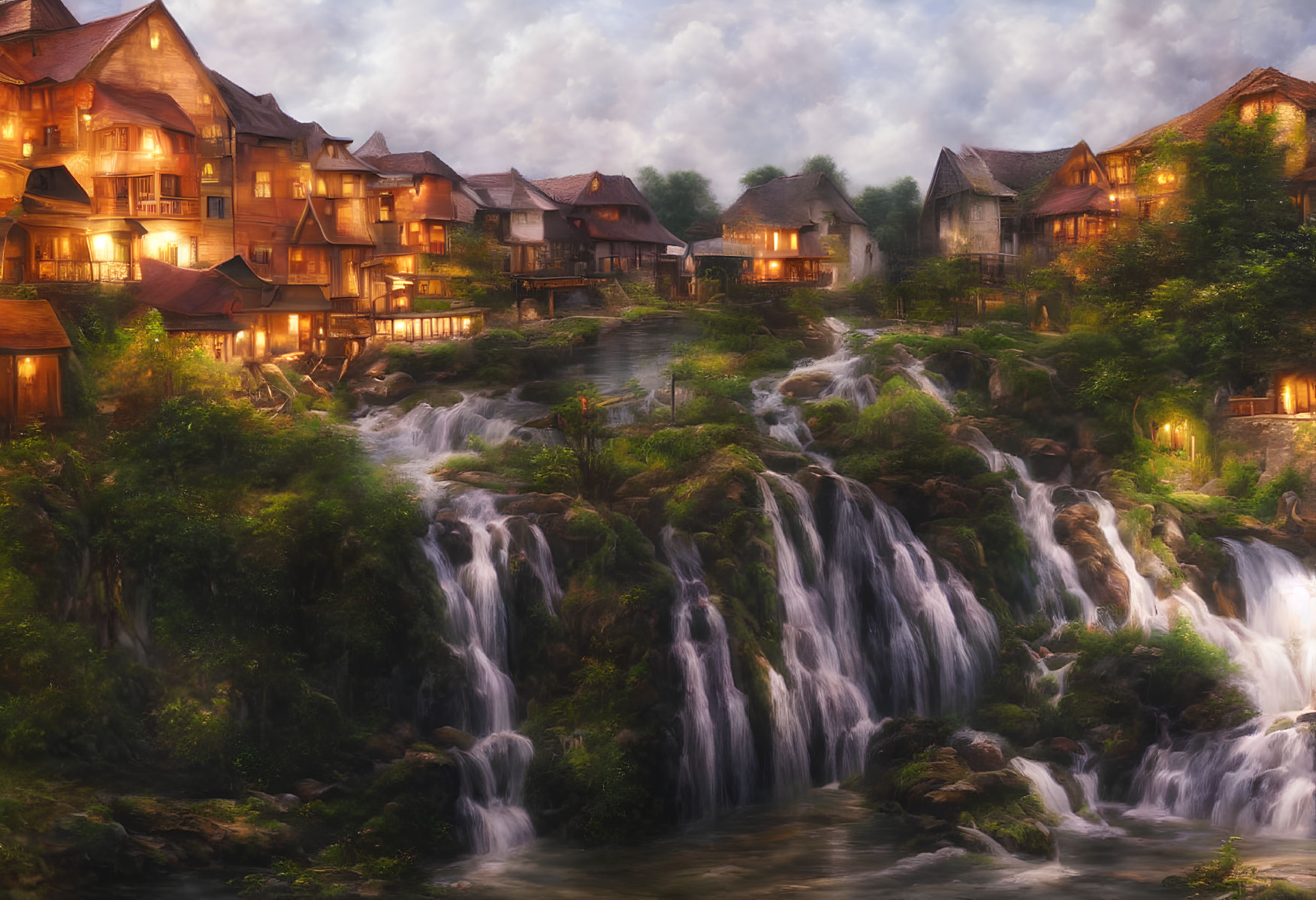 Scenic village with illuminated houses on waterfalls at twilight