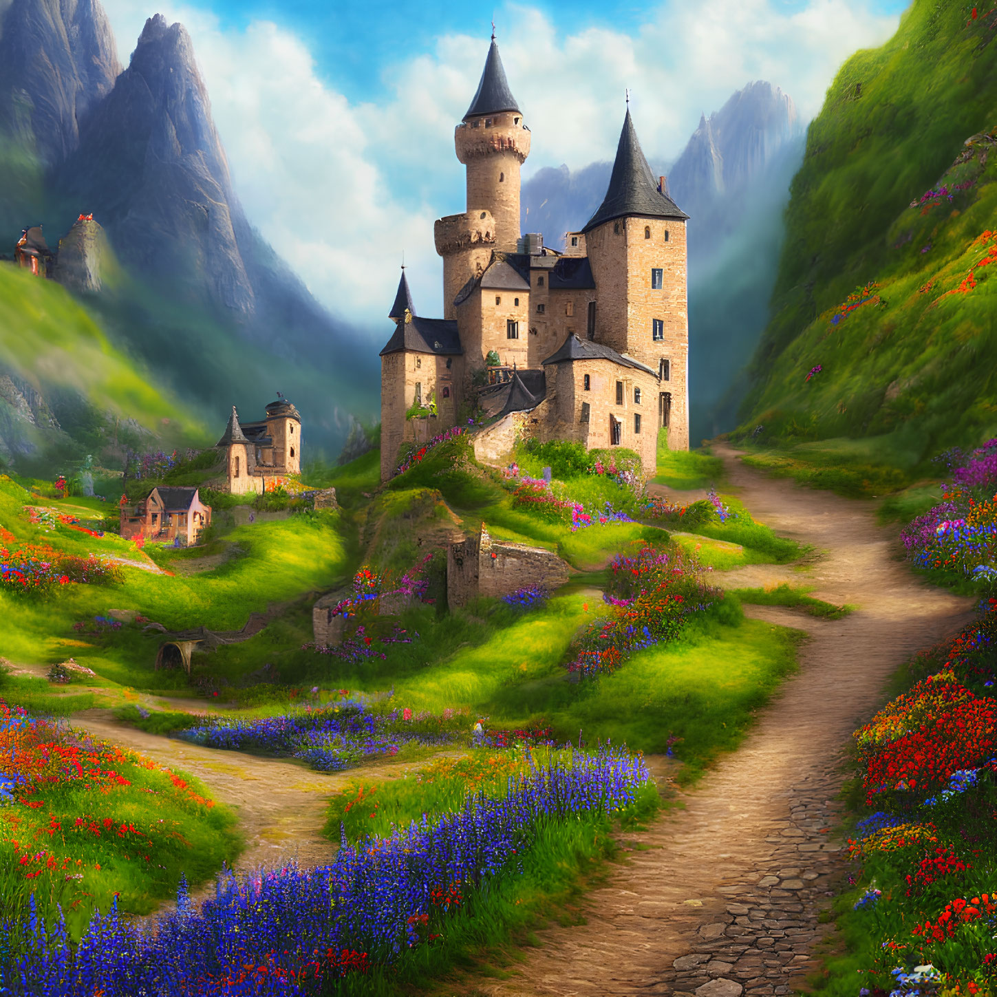 Castle surrounded by vibrant floral landscape and mountains