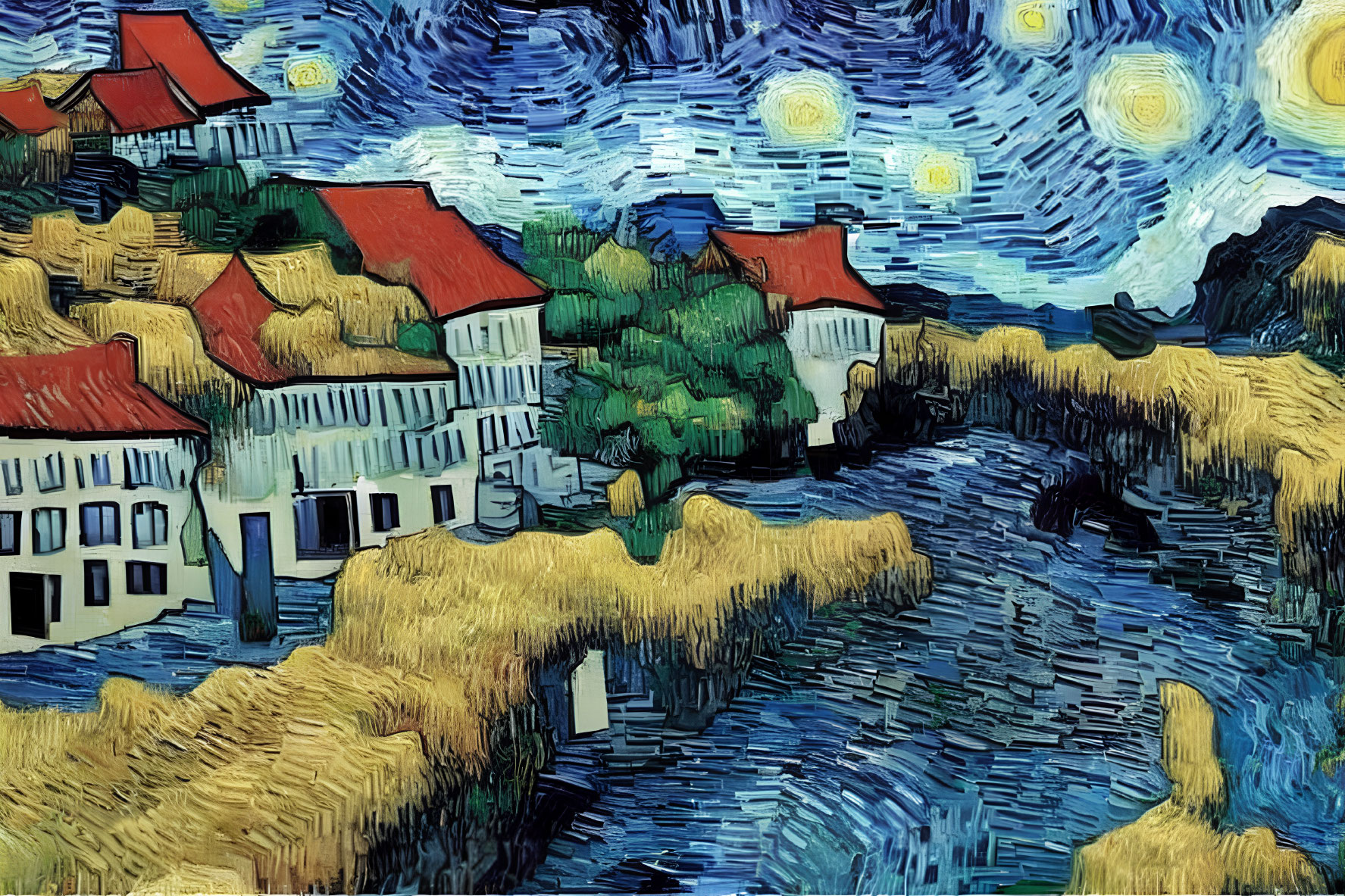 Vibrant Van Gogh-style painting of starry night over quaint village