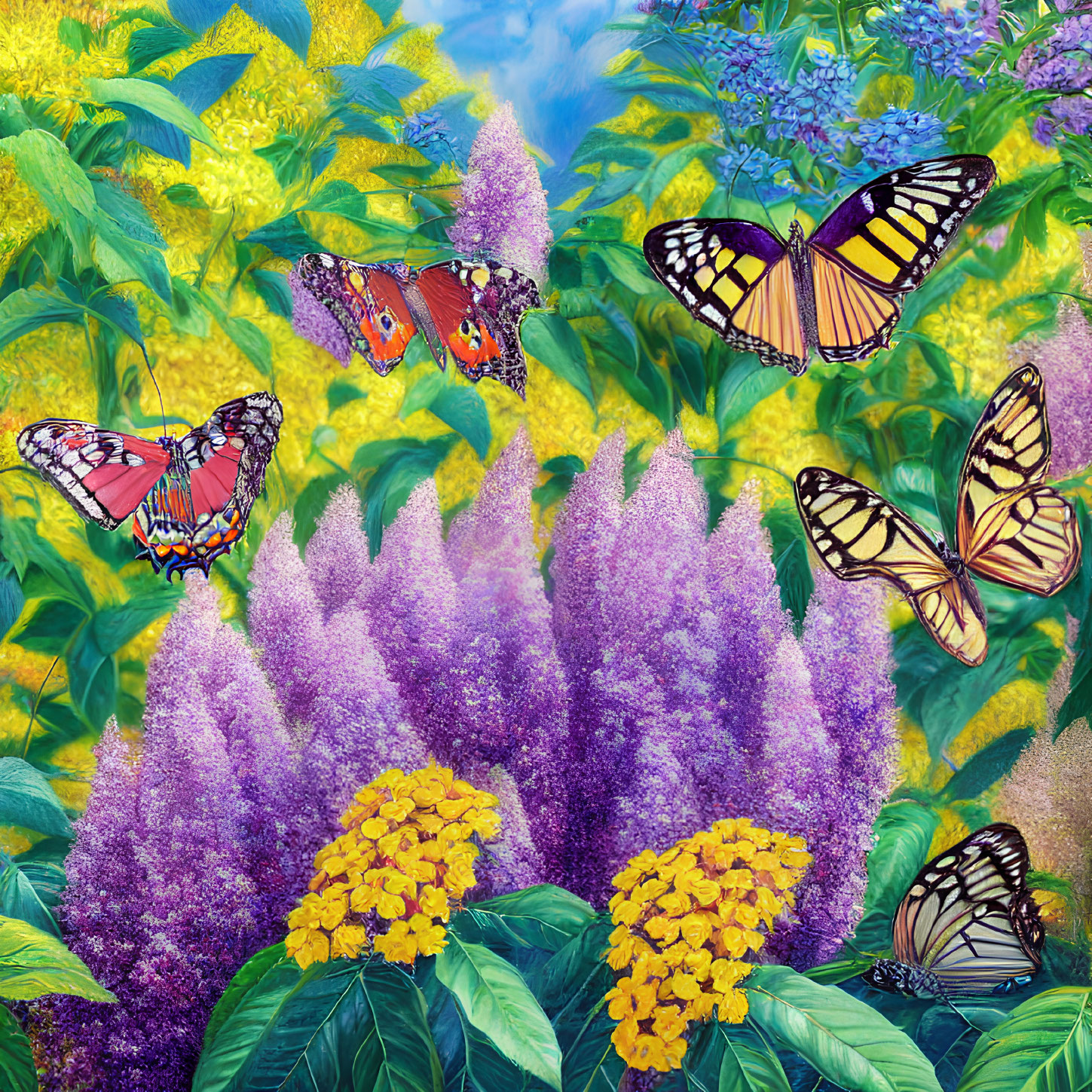 Colorful Garden with Purple and Yellow Flowers and Butterflies