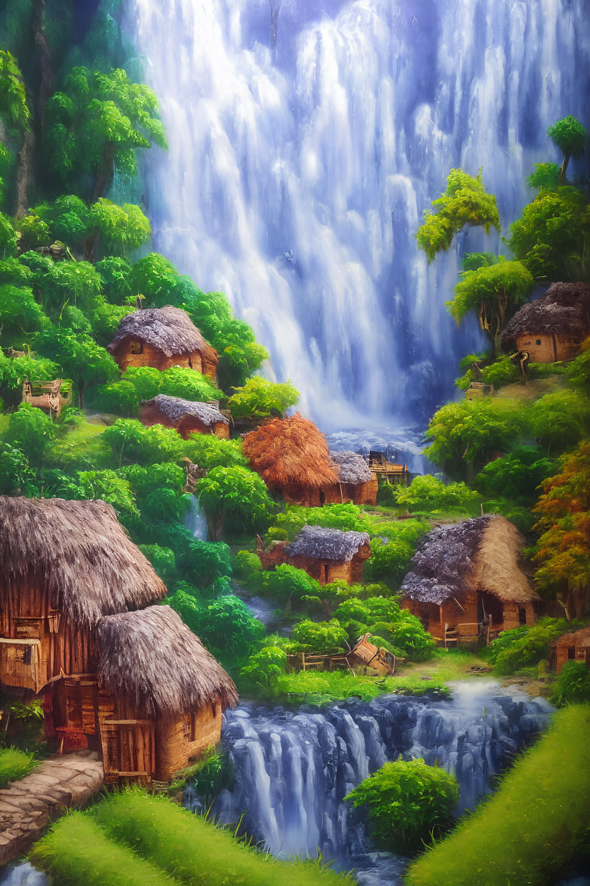 Scenic painting of thatched-roof cottages, waterfall, and stream