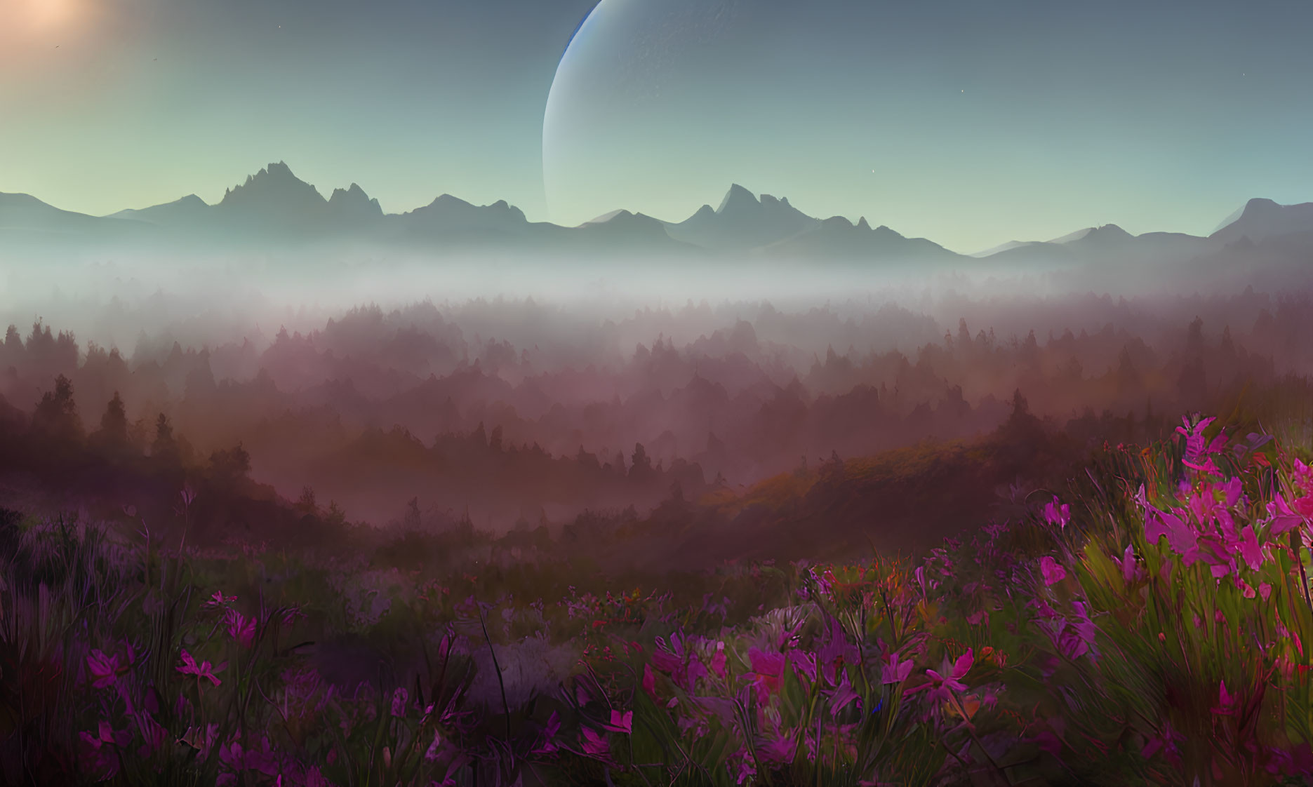 Alien landscape at dawn with purple flowers, forested hills, and mountains under a large moon