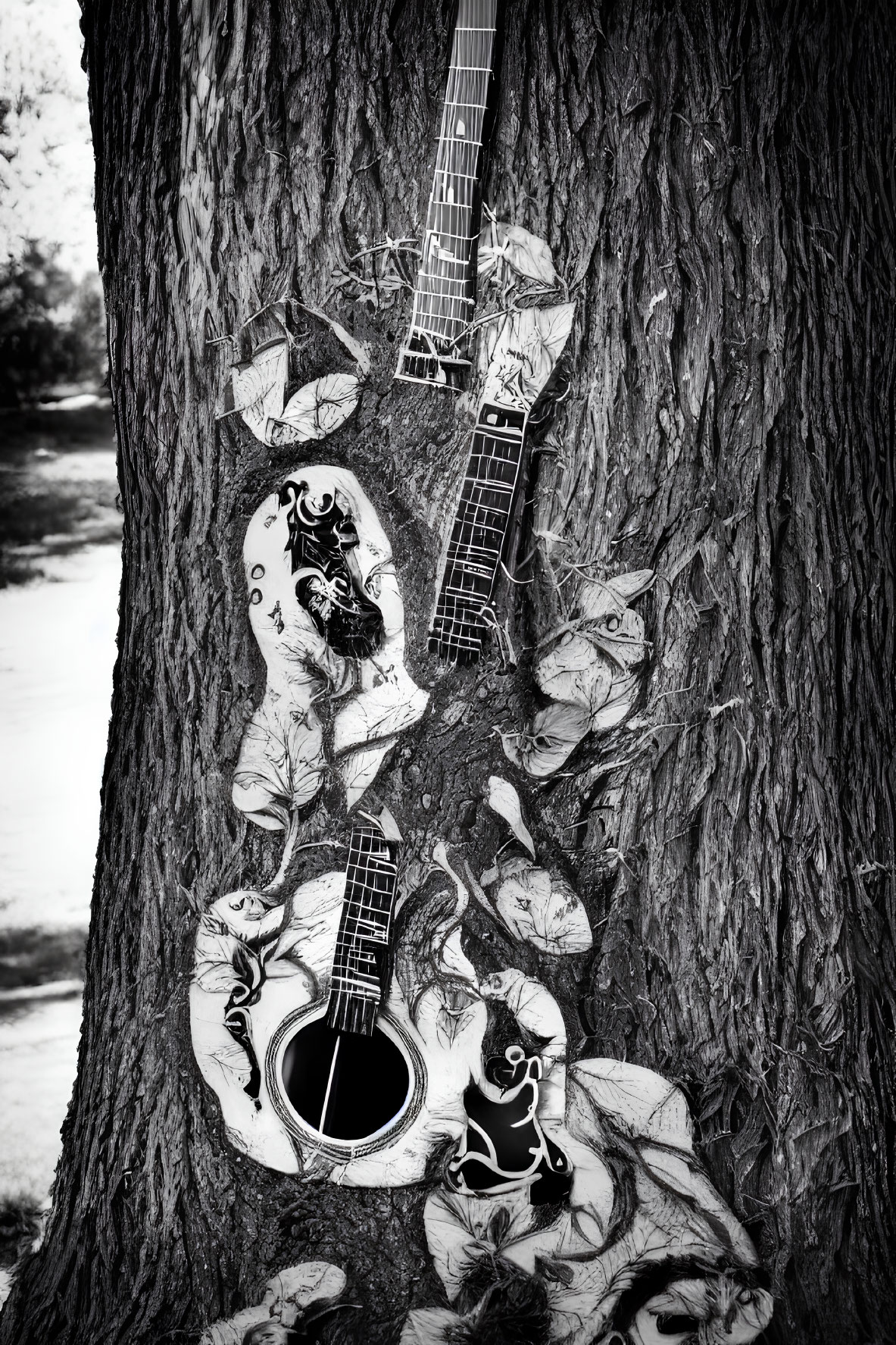 Ornate Decorated Guitar Leaning Against Tree with Intricate Designs and Vines