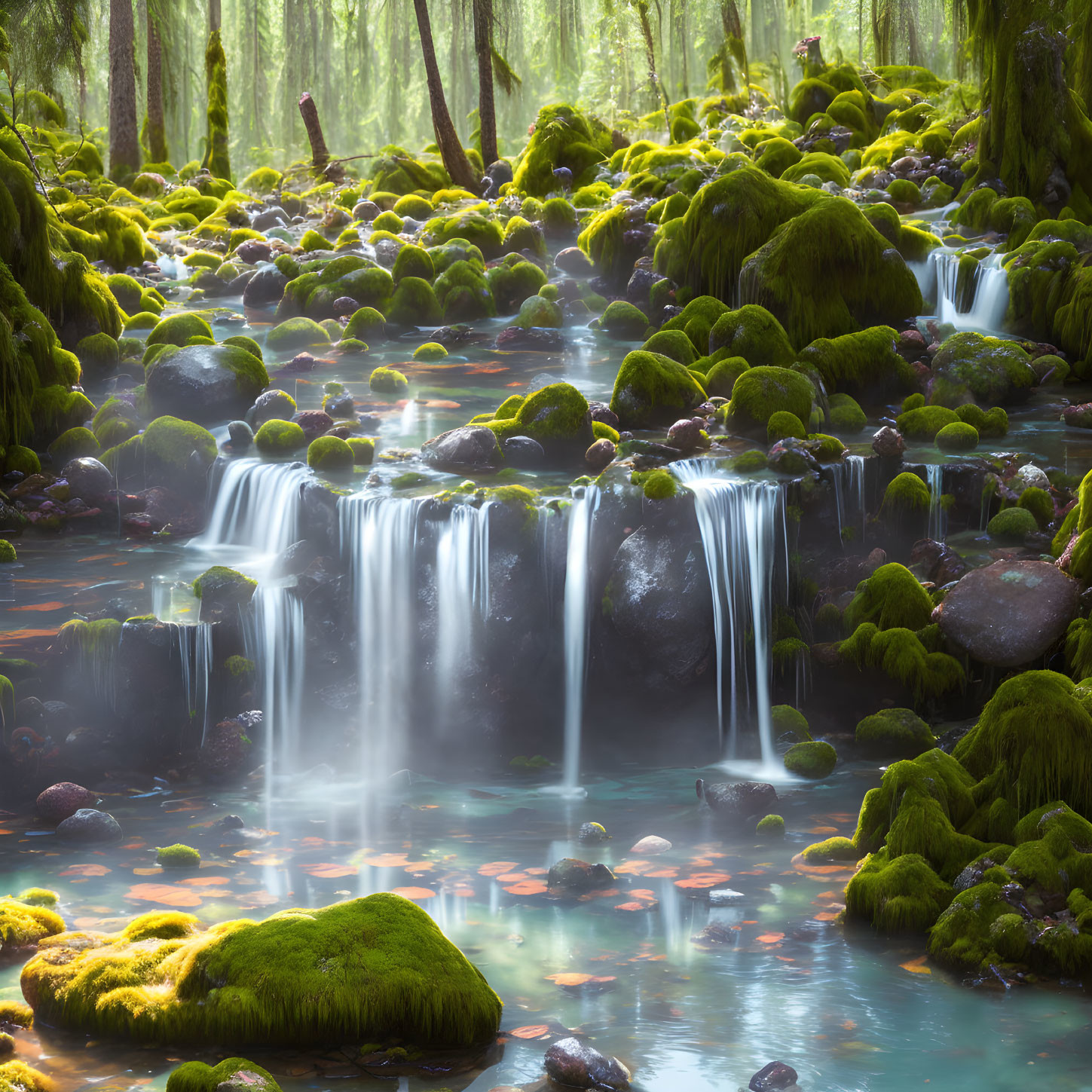 Tranquil forest waterfall scene with sunlight rays and moss-covered rocks