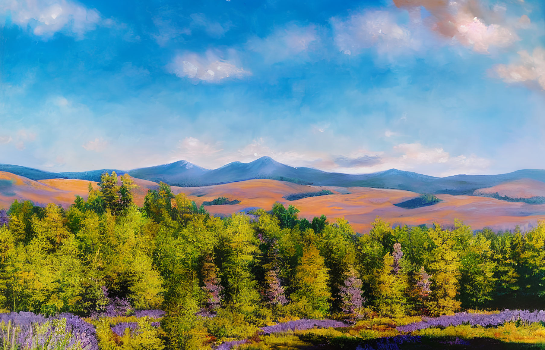 Colorful landscape painting: green forest, purple flowers, golden hills, blue mountains