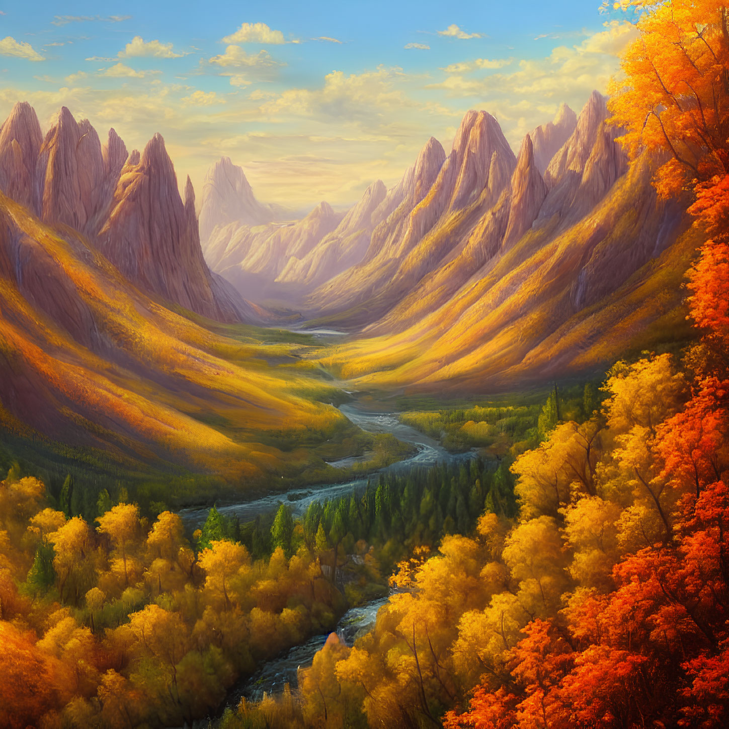 Scenic autumn landscape with river, mountains, and colorful trees