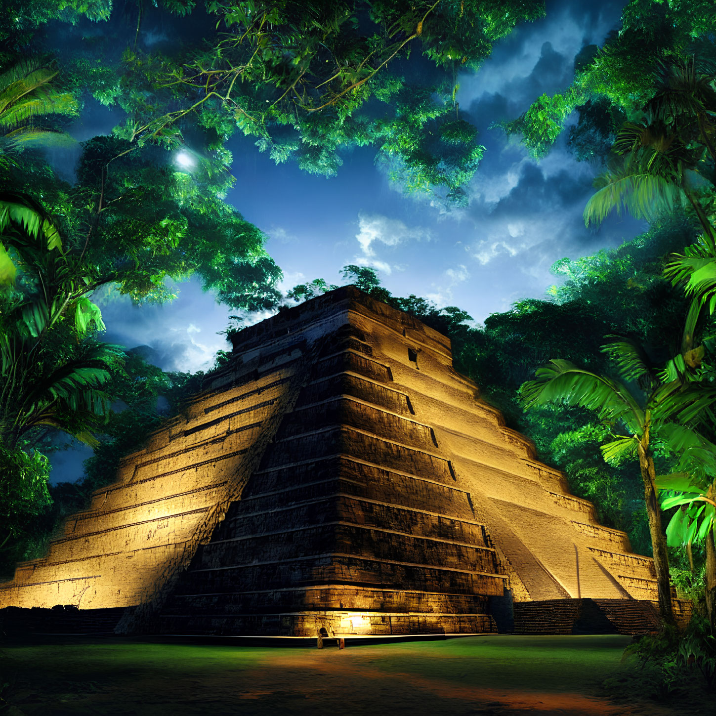 Ancient Pyramid Illuminated in Nighttime Setting