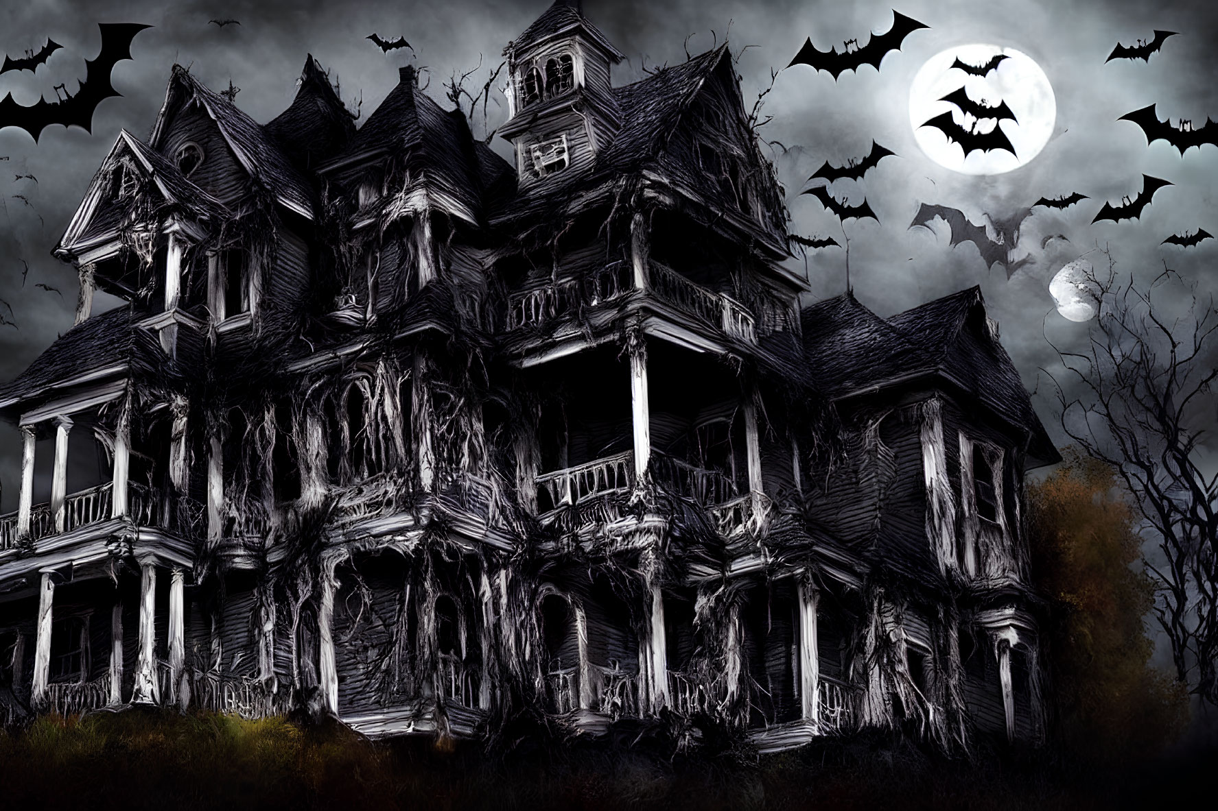 Gothic haunted house with bats under full moon