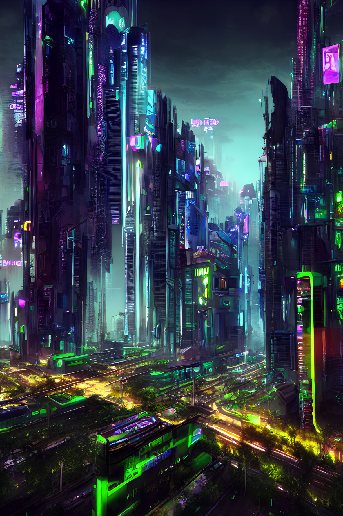 Neon-lit cyberpunk cityscape: towering skyscrapers, glowing billboards, bustling traffic