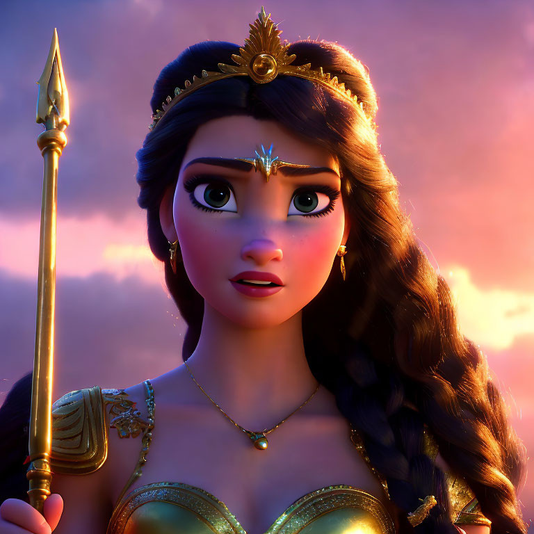 Golden tiara princess in armor with spear against sunset sky