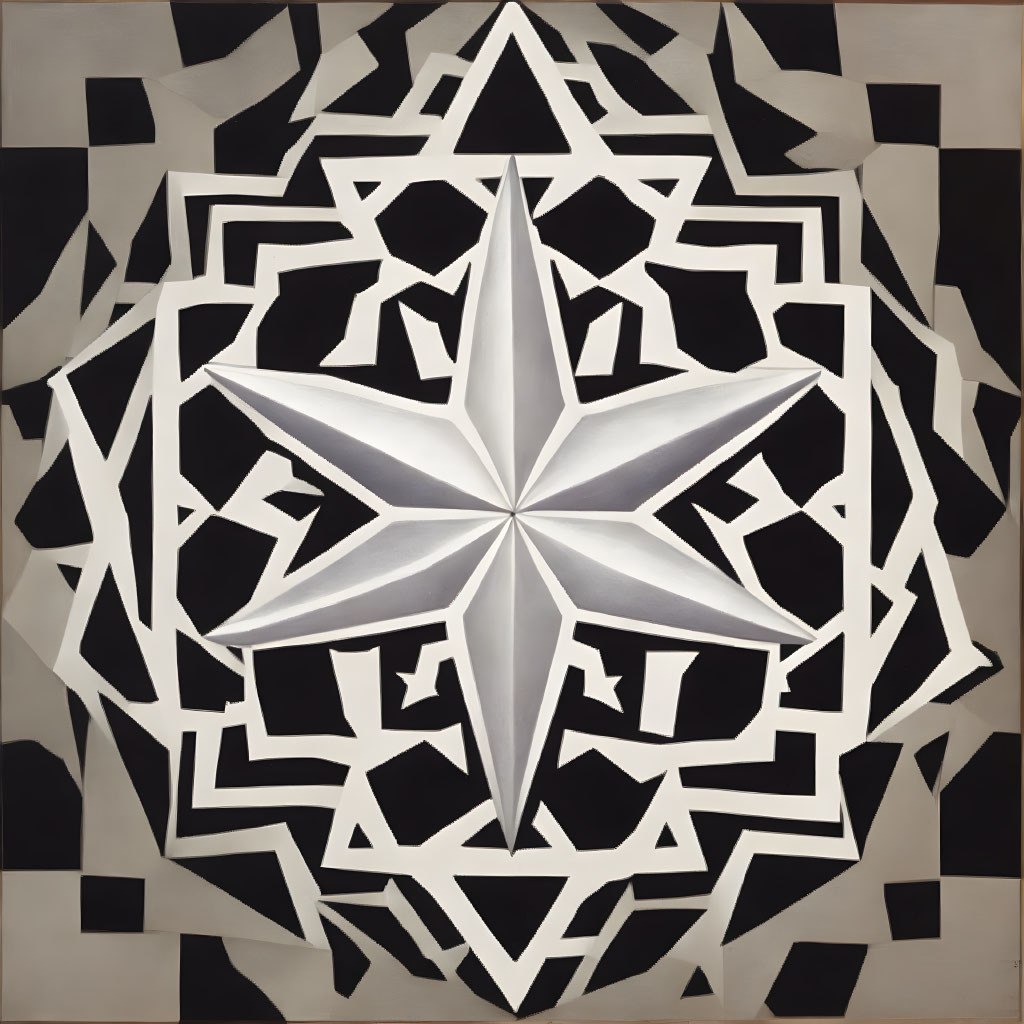 Monochromatic abstract painting with eight-pointed star and geometric patterns