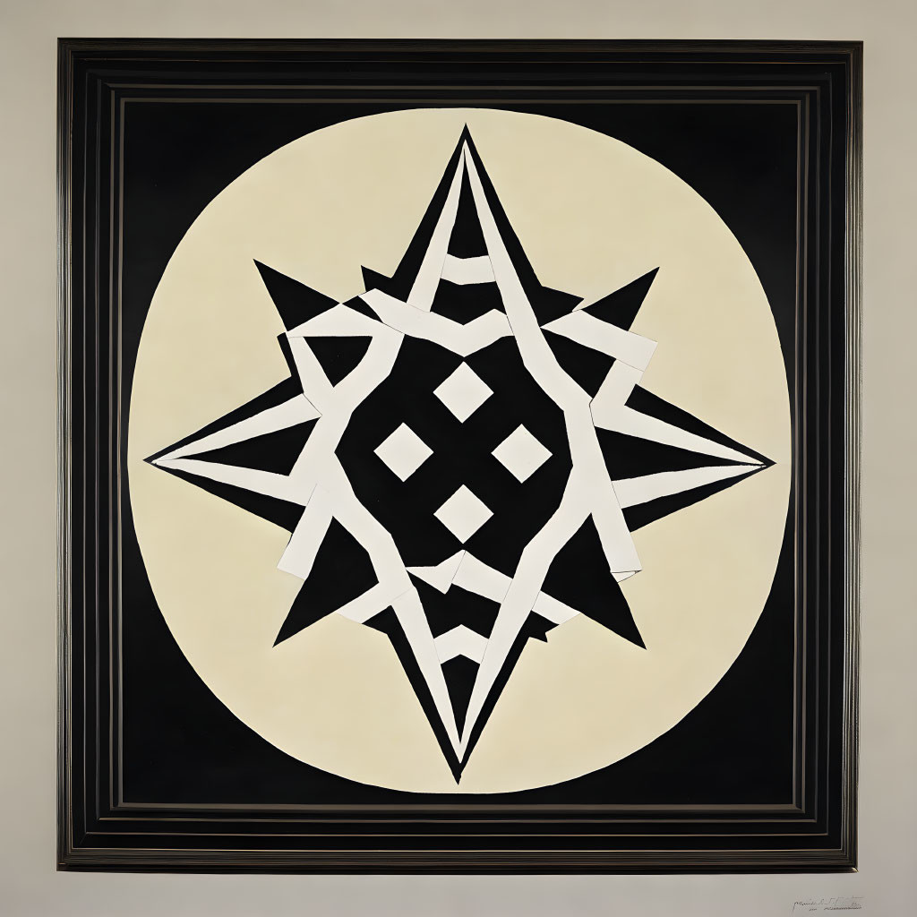 Monochrome star-shaped mandala with square pattern on beige background