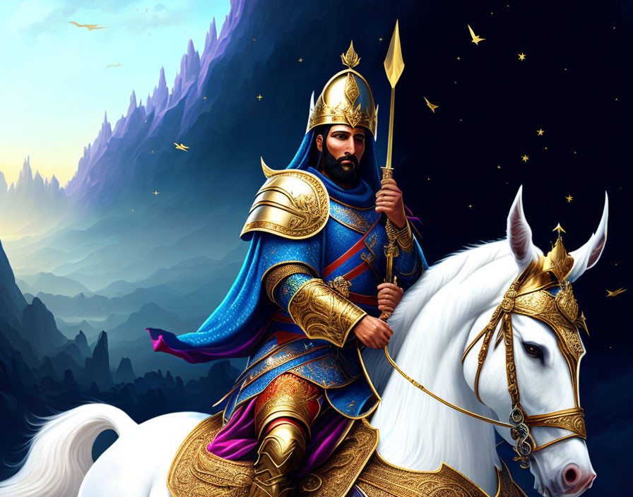 Warrior in Golden and Blue Armor on Horseback with Spear in Mystical Mountain Landscape