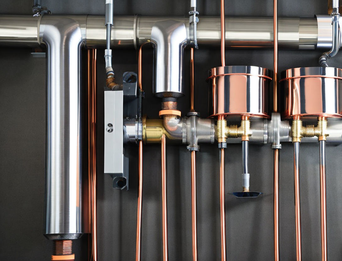 Shiny metal pipes and copper tubes on gray wall display industrial plumbing with joints and valves