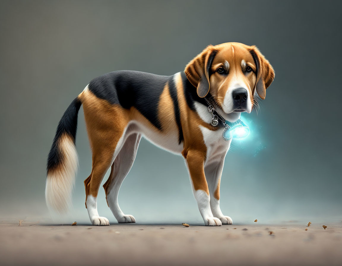 Tri-colored dog with blue glowing collar on gray background