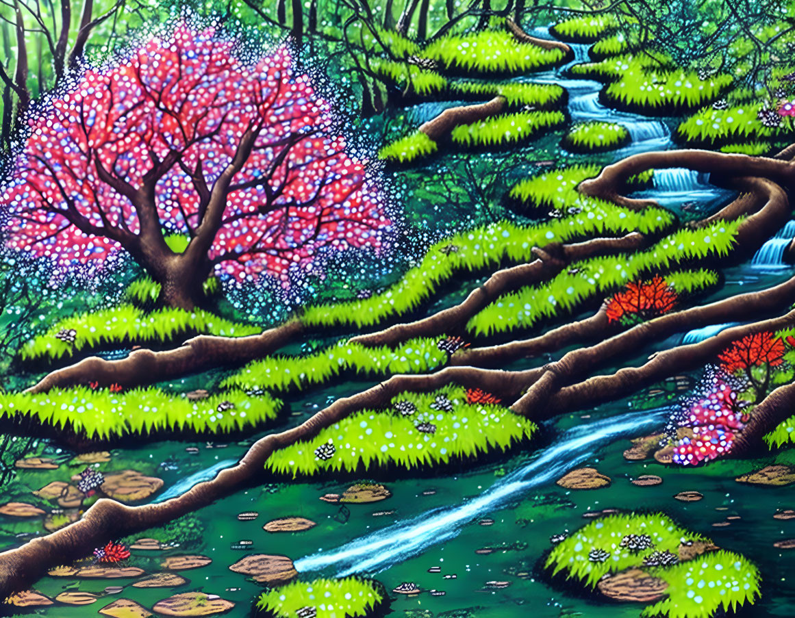 Lush green forest with meandering stream and pink blossoming tree