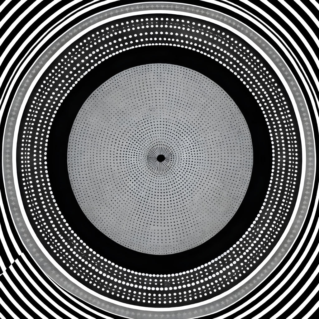 Monochrome optical illusion with concentric circles and dotted patterns