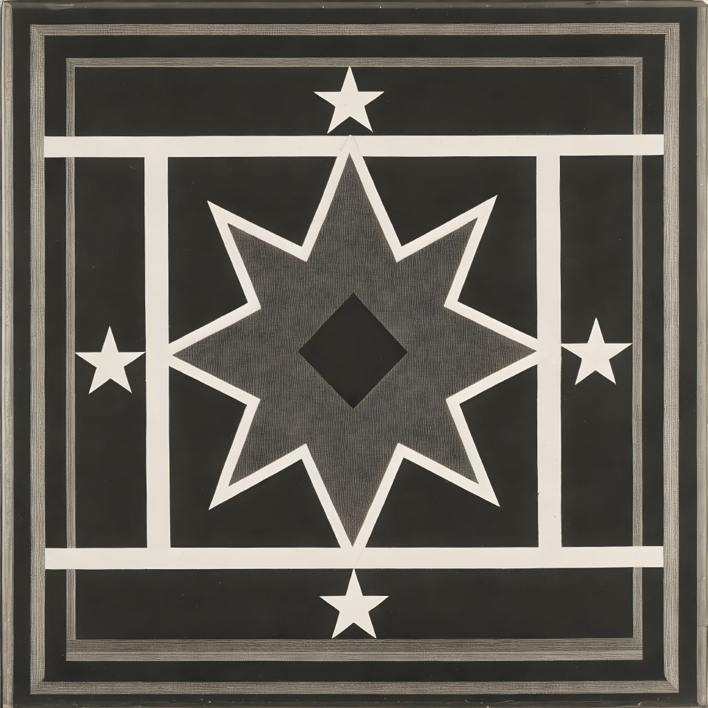 Symmetrical black and white geometric art with central eight-pointed star and diamond core