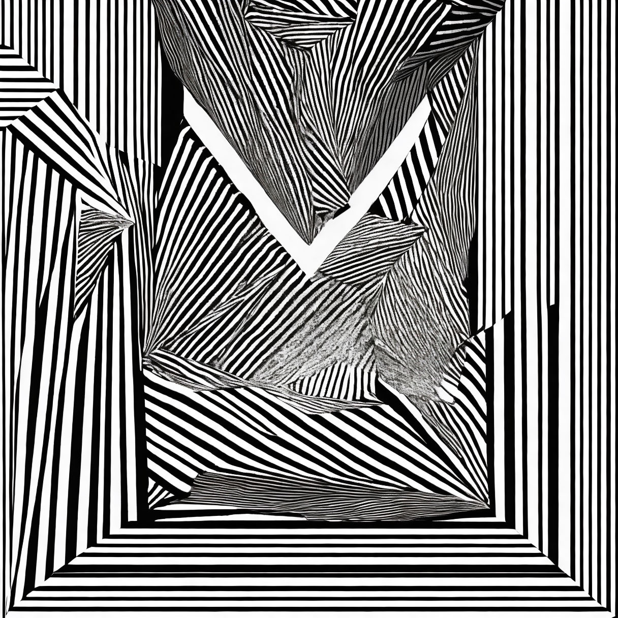Abstract monochrome optical art with distorted checkmark and striped patterns creating tunnel illusion