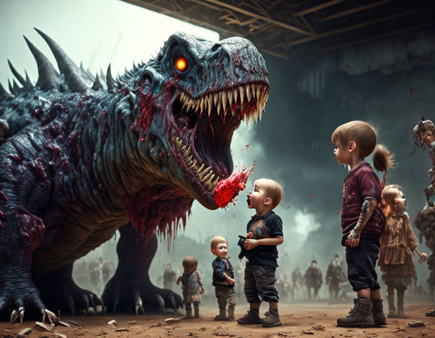 Children facing menacing monster in dusty ruins