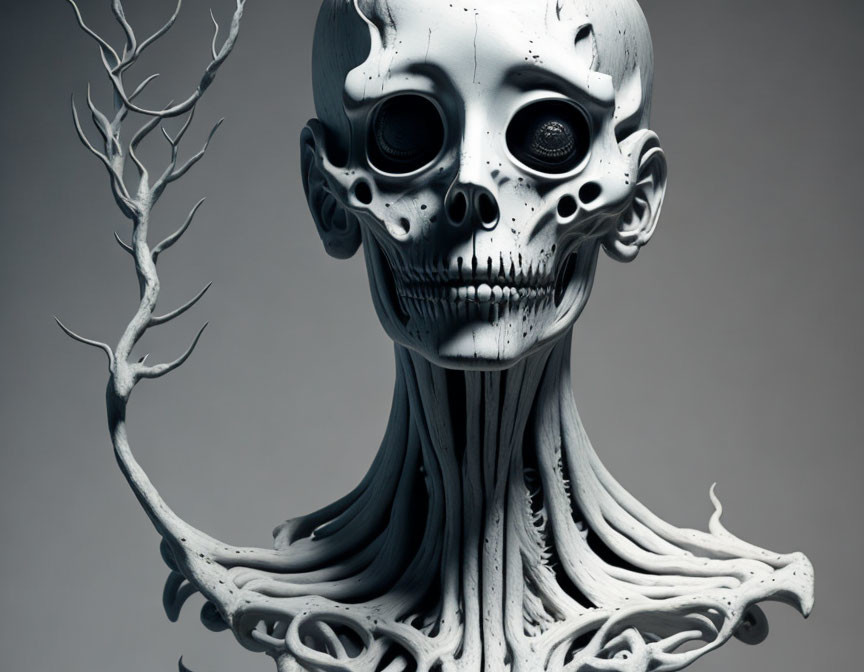 Surreal skull and tree-like structure on grey background