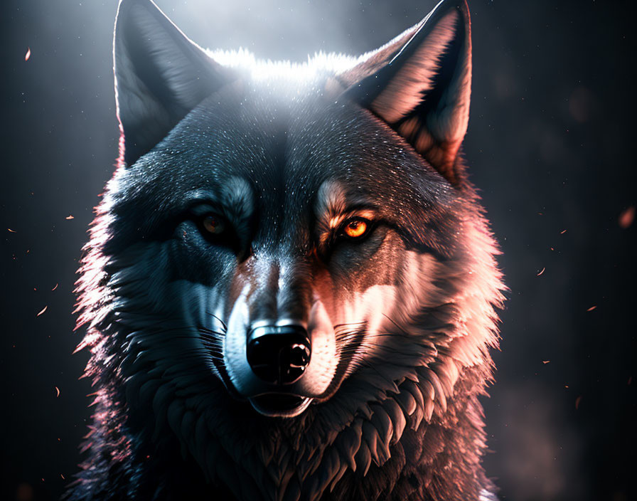 Detailed close-up of wolf with glowing eyes and fur in fiery ambiance.