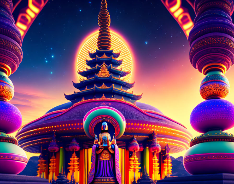 Fantastical temple with towering spires under starry sky.
