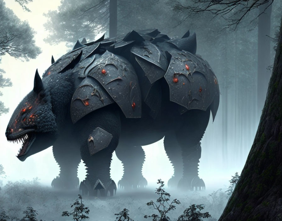Armored ankylosaurus-like creature in misty forest with glowing red eyes
