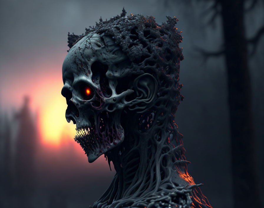 Grotesque digital artwork: decaying zombie with glowing red eyes in eerie forest at sunset