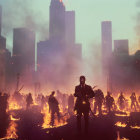 Person in fiery scene with figures and smoky buildings.