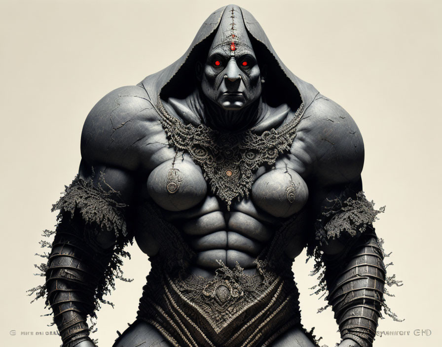 Detailed image of menacing humanoid figure with cloak, intricate armor, and glowing red eyes